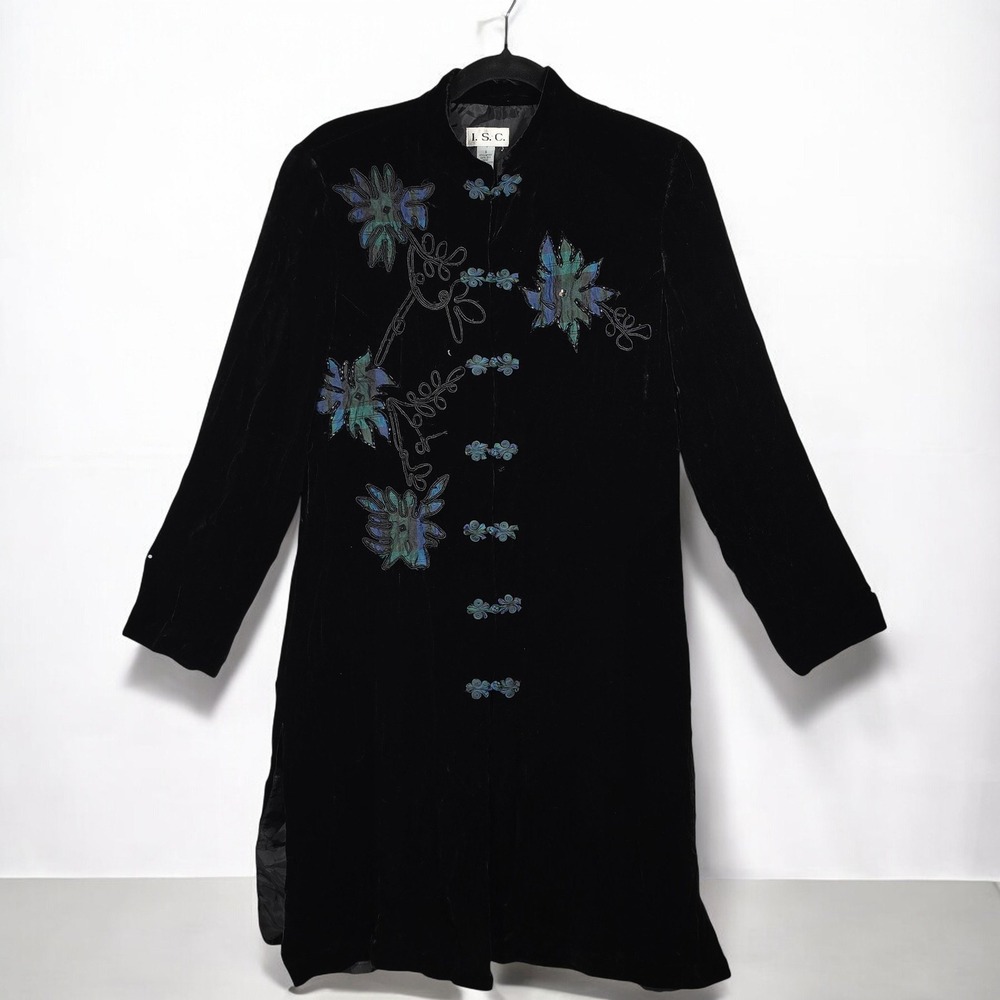 I S C Jacket Black Velvet 100% Silk Mandarin Collar Embroidered Floral Woman Sml
